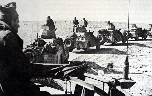 A force of Palmach armoured cars sets out on patrol in the Negev.